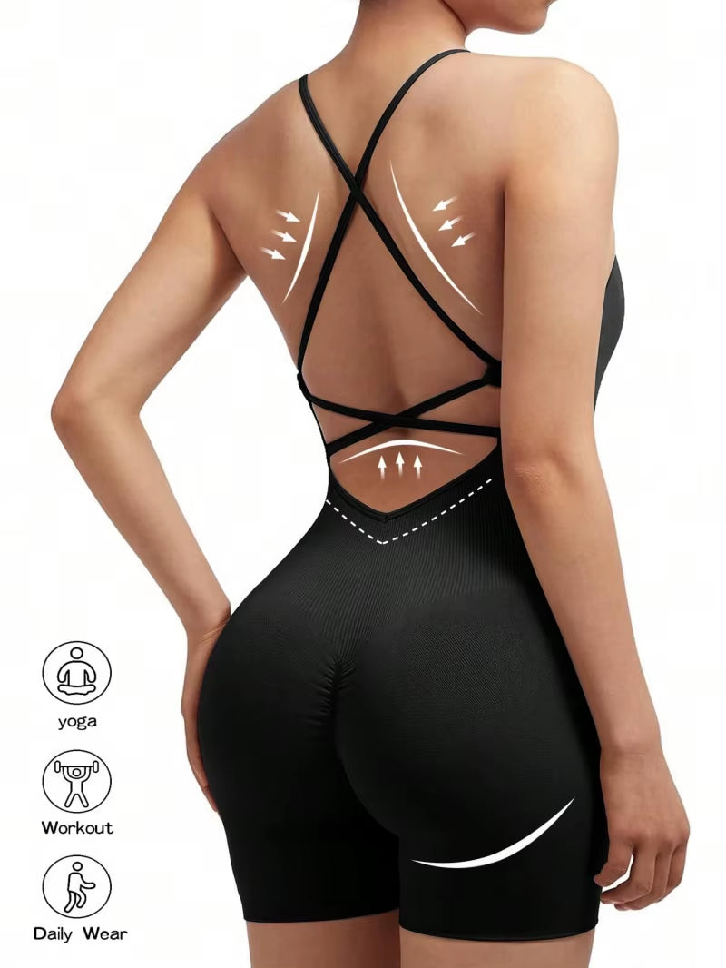 Stylish Cross-Back Adjustable Fitness Jumpsuit for Women - One-Piece Yoga & Running Romper with Scrunch Shorts