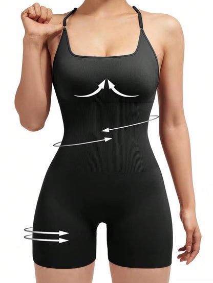 Stylish Cross-Back Adjustable Fitness Jumpsuit for Women - One-Piece Yoga & Running Romper with Scrunch Shorts