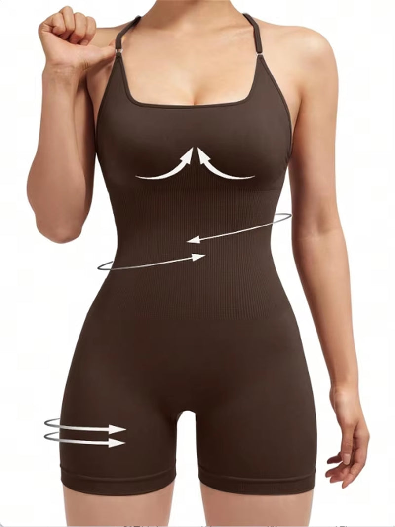 Stylish Cross-Back Adjustable Fitness Jumpsuit for Women - One-Piece Yoga & Running Romper with Scrunch Shorts