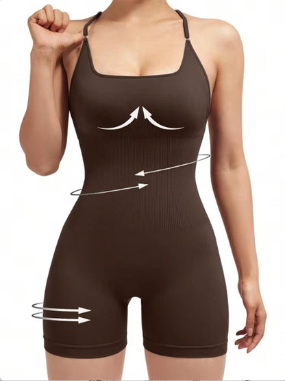 Stylish Cross-Back Adjustable Fitness Jumpsuit for Women - One-Piece Yoga & Running Romper with Scrunch Shorts