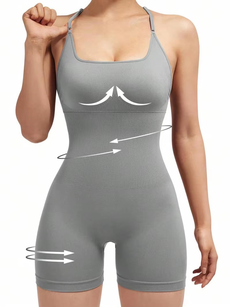 Stylish Cross-Back Adjustable Fitness Jumpsuit for Women - One-Piece Yoga & Running Romper with Scrunch Shorts