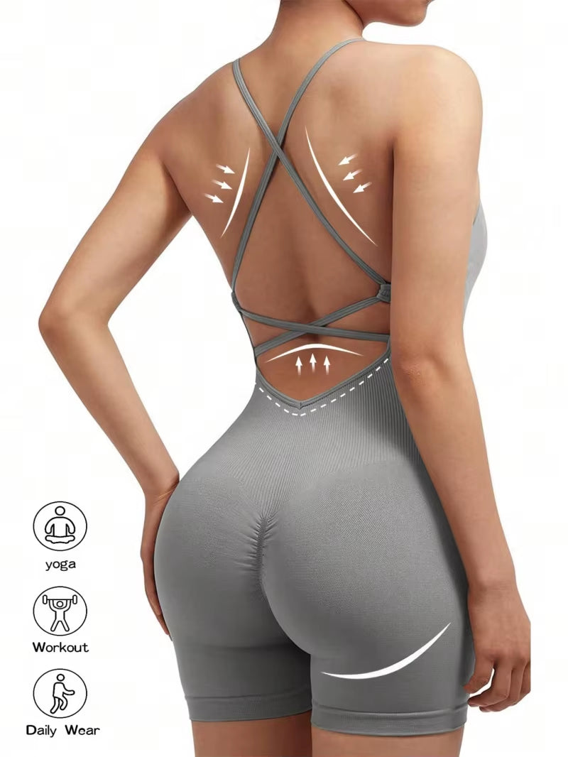 Stylish Cross-Back Adjustable Fitness Jumpsuit for Women - One-Piece Yoga & Running Romper with Scrunch Shorts