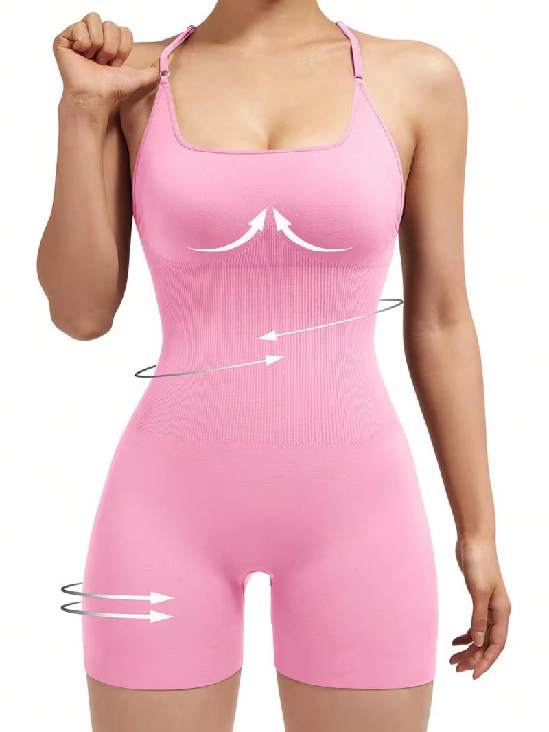 Stylish Cross-Back Adjustable Fitness Jumpsuit for Women - One-Piece Yoga & Running Romper with Scrunch Shorts