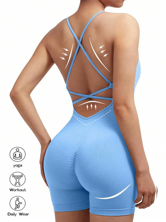 Stylish Cross-Back Adjustable Fitness Jumpsuit for Women - One-Piece Yoga & Running Romper with Scrunch Shorts